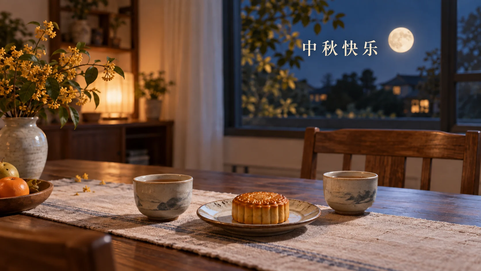 写有中秋快乐的夜晚窗边,月亮、月饼与两杯茶