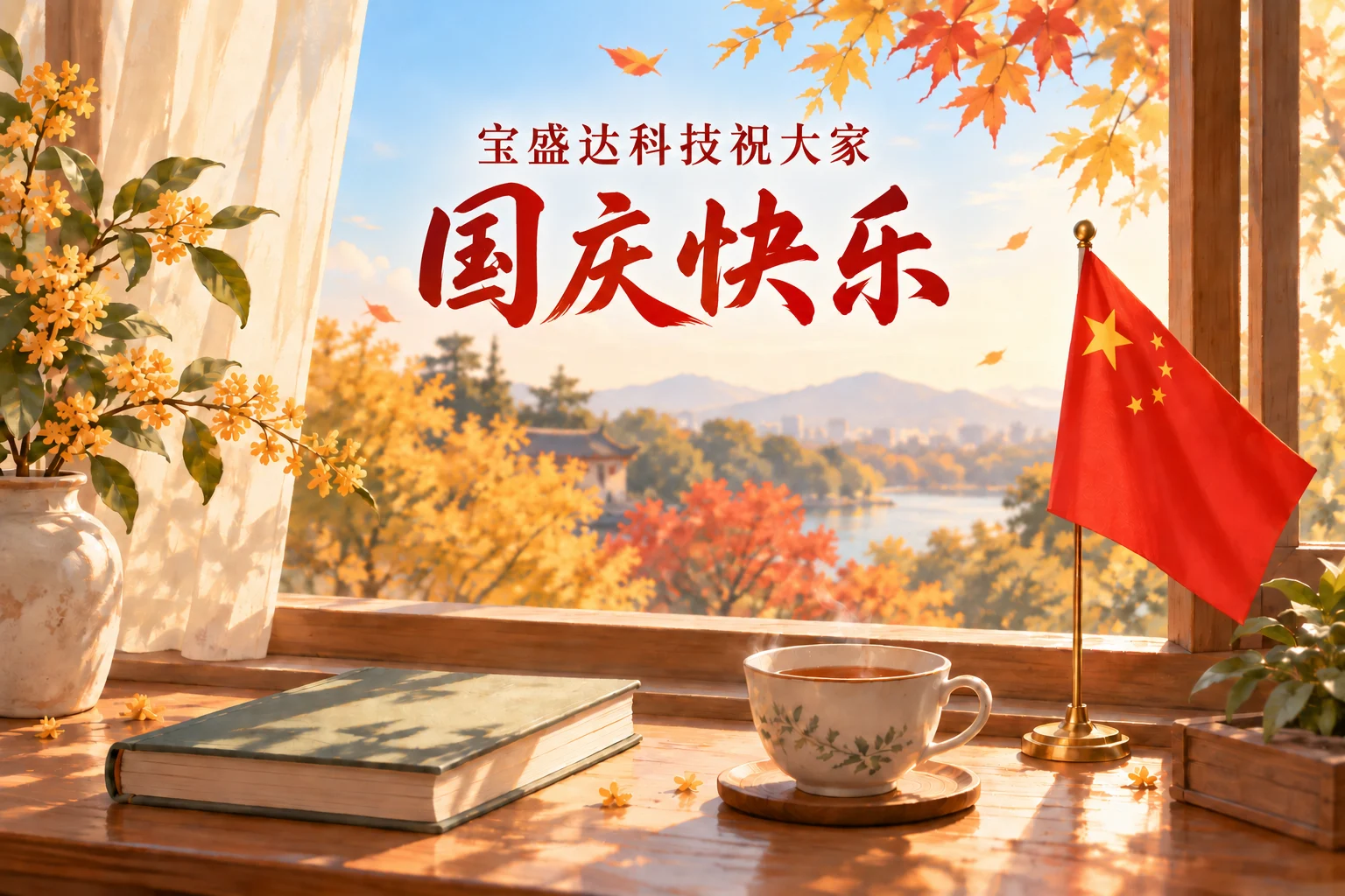 上方小字宝盛达科技祝大家,下方红色书写字体国庆快乐,配秋日窗边、书本、茶杯与五星红旗插画